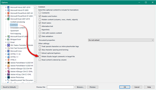 Trados Studio project settings window with 'Microsoft Excel 2007-2019' options expanded, showing 'Export comments to target file' option unchecked.
