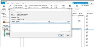 Trados Studio error message window displaying 'Object reference not set to an instance of an object' during file analysis.