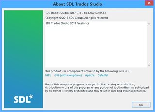 About SDL Trados Studio dialog box showing version number 2017 SR1 - 14.1.10010.18573 and copyright information with an OK button.