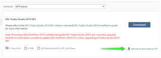 SDL Trados Studio 2019 SR1 download page with a highlighted 'Download' button and an arrow pointing to 'Alternative download via FTP' link.