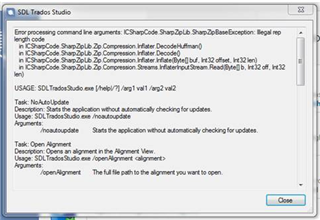 Error message in Trados Studio stating 'Error processing command line arguments: SharpZipLib.SharpZipBaseException: BeginRead in CSharpCode.SharpZipLib.Zip.Compression.Inflater.Decode()'. Instructions for usage and tasks are listed below the error.