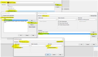 Trados Studio screenshot showing regex entered in the 'Search for' field with a warning message indicating an unrecognized escape sequence.