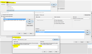 Trados Studio Advanced view screenshot with a warning message about an unrecognized escape sequence in the regex pattern.