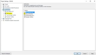Trados Studio Project Settings window showing Verification option selected with no visible errors or warnings.