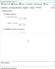 Screenshot of Trados Studio 2021 Advanced Filter Sampling Pane displaying incorrectly, only showing the top half with 'Quality Sampling' options and 'Filters applied' section cut off.
