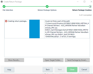 Trados Studio error message during return package creation stating 'Could not find part of a path' with a list of file paths.