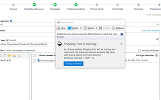 Screenshot of Trados Studio with a project creation window open, showing steps not in order. Snipping Tool pop-up visible in the foreground.