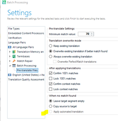 Trados Studio settings window showing Batch Processing, File Types, and Translation Memory settings with 'Apply automated translation' option greyed out.