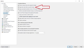 Trados Studio 2021 Options menu with 'Apply best match after successful lookup' setting enabled, indicated by a red arrow.