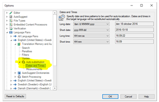 Screenshot of Trados Studio Options dialog box with 'Auto-substitution' expanded showing 'Dates & times' and 'Measurements' sub-items.