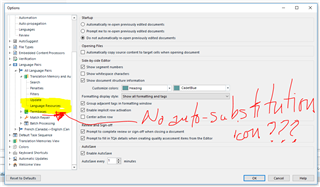 Screenshot of Trados Studio 2017 Options dialog box with a handwritten note indicating the missing 'Auto-substitution' icon and sub-items.