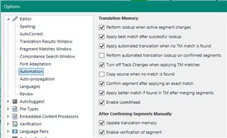 Screenshot of Trados Studio options menu showing Editor settings with Translation Memory options including 'Update Translation Memory' enabled.
