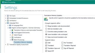 Screenshot of Trados Studio settings for Batch Processing with Translation Memory Updates section and options for segment update rules.