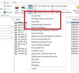 Screenshot of Trados Studio 2017 with the Batch Tasks menu open, 'Finalize' option is missing.