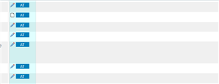 Screenshot of Trados Studio showing blank target segments in the right column with 'AT' icons indicating the use of AutoSuggest from Translation Memory.