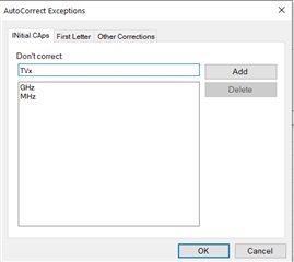 AutoCorrect Exceptions window showing 'TVx' typed in the input field with the 'OK' button active, indicating it can be added to the exceptions list.
