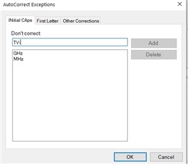 AutoCorrect Exceptions window showing 'TV-' typed in the input field with the 'OK' button grayed out, indicating it cannot be added to the exceptions list.