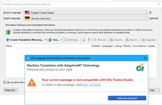 Error message in Trados Studio stating 'Your current package is not compatible with SDL Trados Studio. To select a new package, visit your account.'
