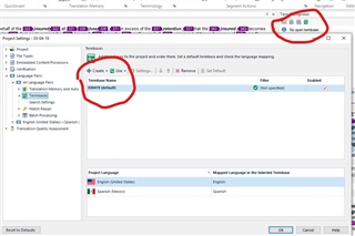 Trados Studio screenshot showing an error message 'No open termbase' in the term recognition window, despite the termbase viewer displaying terms and settings indicating an open termbase.