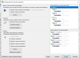 Screenshot of Trados Studio's 'Configuracion de lista de respuestas' window showing options for modifying source and target fonts and other settings without any visible errors or warnings.