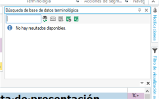 Trados Studio 2021 Termbase Search window with a message 'No hay resultados disponibles' indicating no search results found.