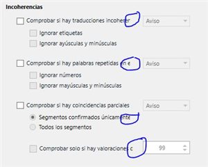 Screenshot of Trados Studio QA options showing length issues in Spanish version with words 'incohe' and 'unicame' cut off.