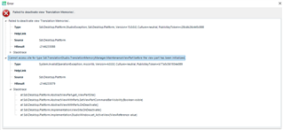 Error message in Trados Studio stating 'Failed to deserialize the Translation Memory'. Lists type as 'Sdl.LanguagePlatform.TranslationMemoryApi.Engine' and mentions file path with 'tmw' extension.