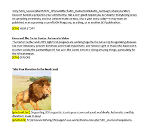 Webpage content about Lions and the Carter Center's partnership in vision programs, with a photo of a lion and donation links.