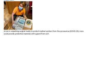A woman in a mask unpacking a box of surgical masks with text about Lions Club providing materials with a grant from LCIF.