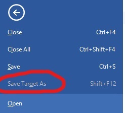 Trados Studio menu with 'Save Target As' option circled in red, indicating it is unavailable or greyed out.