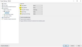 Tag Verification settings window in Trados Studio with options for tag pair, tag content, and tag place change, all set to 'Show'.