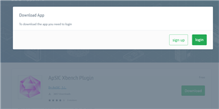 Screenshot showing the AppStore page for APSIC Xbench Plugin with a message prompting the user to login to download the app, with 'sign up' and 'login' buttons visible.