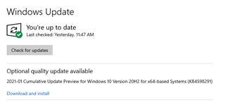 Windows Update screen showing 'You're up to date' with an optional quality update available labeled '2021-01 Cumulative Update Preview for Windows 10 Version 20H2 for x64-based Systems (KB4598291)' with a 'Download and install' button.