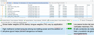 Screenshot of Trados Studio comments view showing multiple comments from different segments displayed simultaneously instead of specific comments for selected rows.