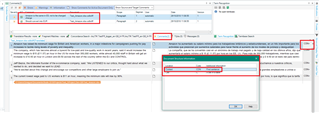 Trados Studio Editor view showing context information and comments column highlighted with red boxes next to the target translation column.