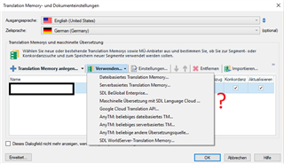 Trados Studio 2017 Translation Memory and Automated Translation settings window with a red question mark indicating an error or warning next to the Google Cloud Translation API option.