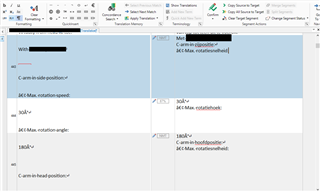 Close-up of Trados Studio 2021 source segment with visible whitespace characters causing large gaps, while the translation segment displays text without gaps.