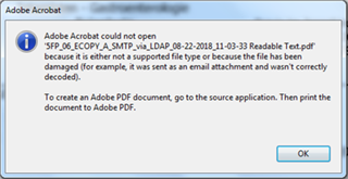 Adobe Acrobat error message stating 'Adobe Acrobat could not open file name because it is either not a supported file type or because the file has been damaged.' with an OK button.