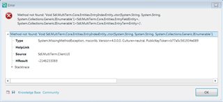 Error message window in SDL Trados Studio showing 'Method not found' with details of the missing method, exception type, source, HResult, and a stack trace.