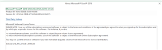 About Microsoft Excel 2016 window displaying version and license information.