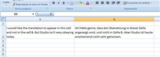 Screenshot of an Excel test with Trados Studio showing original text in cell A and translation in cell B, indicating an issue where the original text is not replaced by the translation.