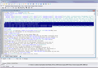 Screenshot of Trados Studio XML view with blue highlighted text showing the structure of an XML file.