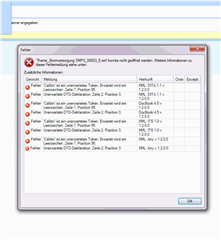 Error message window in Trados Studio listing multiple XML parsing errors with details such as line and position numbers.