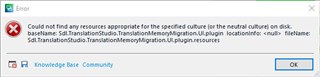 Error message in Trados Studio indicating missing resources for SDL Trados Compatibility and Migration Power Pack plugin.