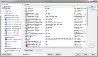 Trados Studio Options dialog showing File Types list with various file types like INI, XML, DOCX, and options to add or remove file types.