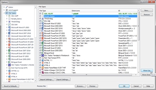 Trados Studio Options dialog showing File Types list with a new file type added and highlighted, with options to adjust priority by moving up or down.