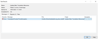 Trados Studio Task Results window showing an error 'TranslationProviderThrownException' during 'Update Main Translation Memories' task with a file path and 'Open Translation Memory' as origin.
