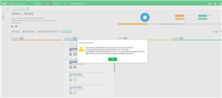 Trados Studio screenshot with an error message 'Force check-in failed. The item could not be updated because it is checked out to another user or you do not have the required permissions.'