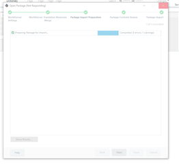 SDL Trados Studio 2019 SR2 frozen during package import preparation at stage 3 with a progress bar showing 'Preparing Package for Import' and a status of 'Not Responding'.
