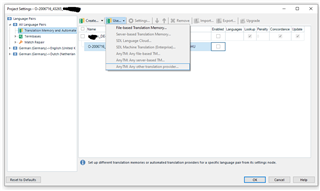 Trados Studio Project Settings window with server-based Translation Memory options greyed out and unclickable.